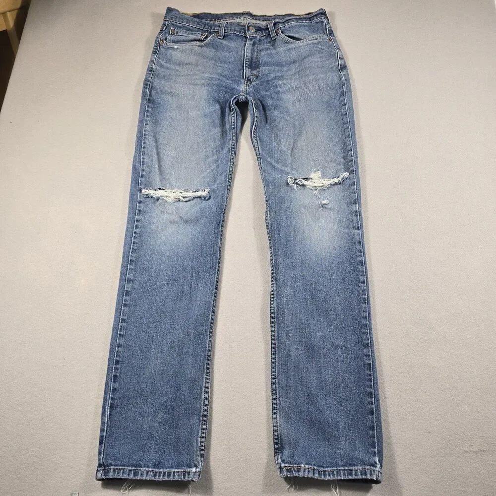 Levi's Men 34x34 Blue Jeans 514 Straight Fit Distressed Denim